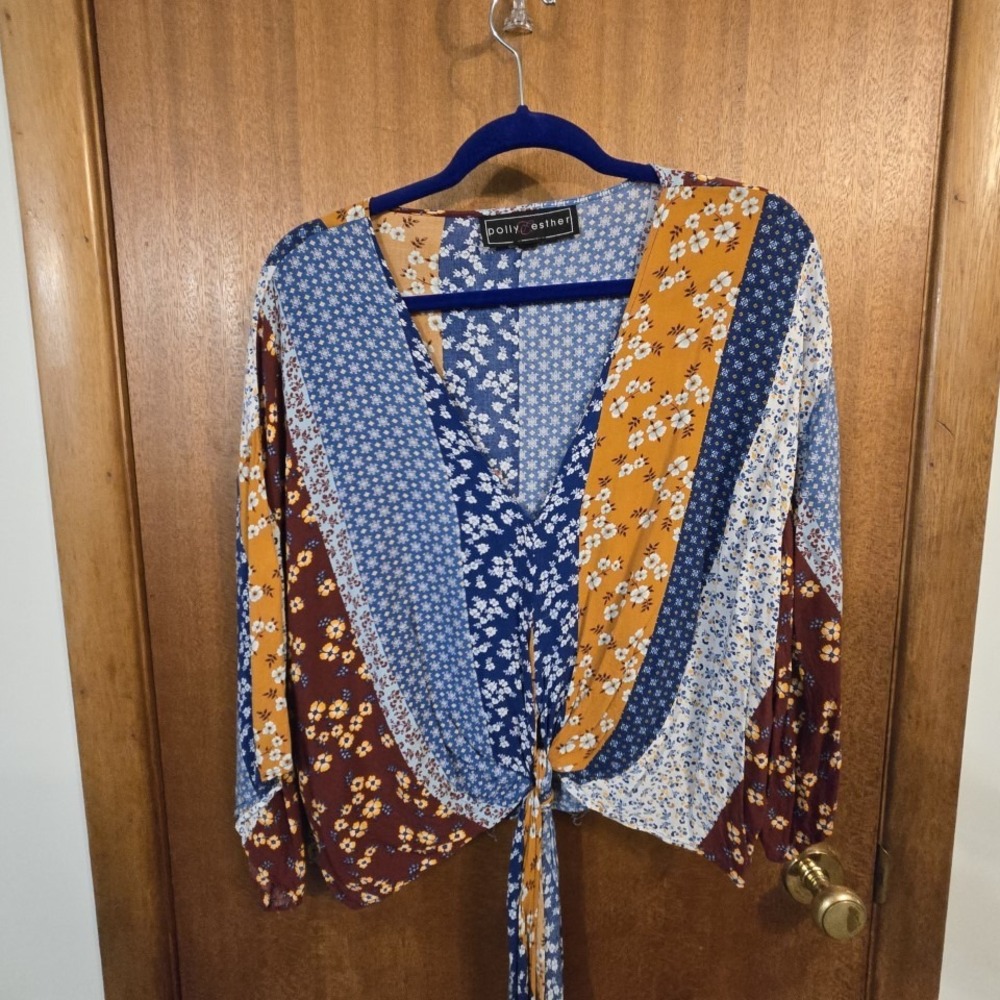 Polly & Esther Blue and Mustard Mixed Floral Tie-Front Blouse